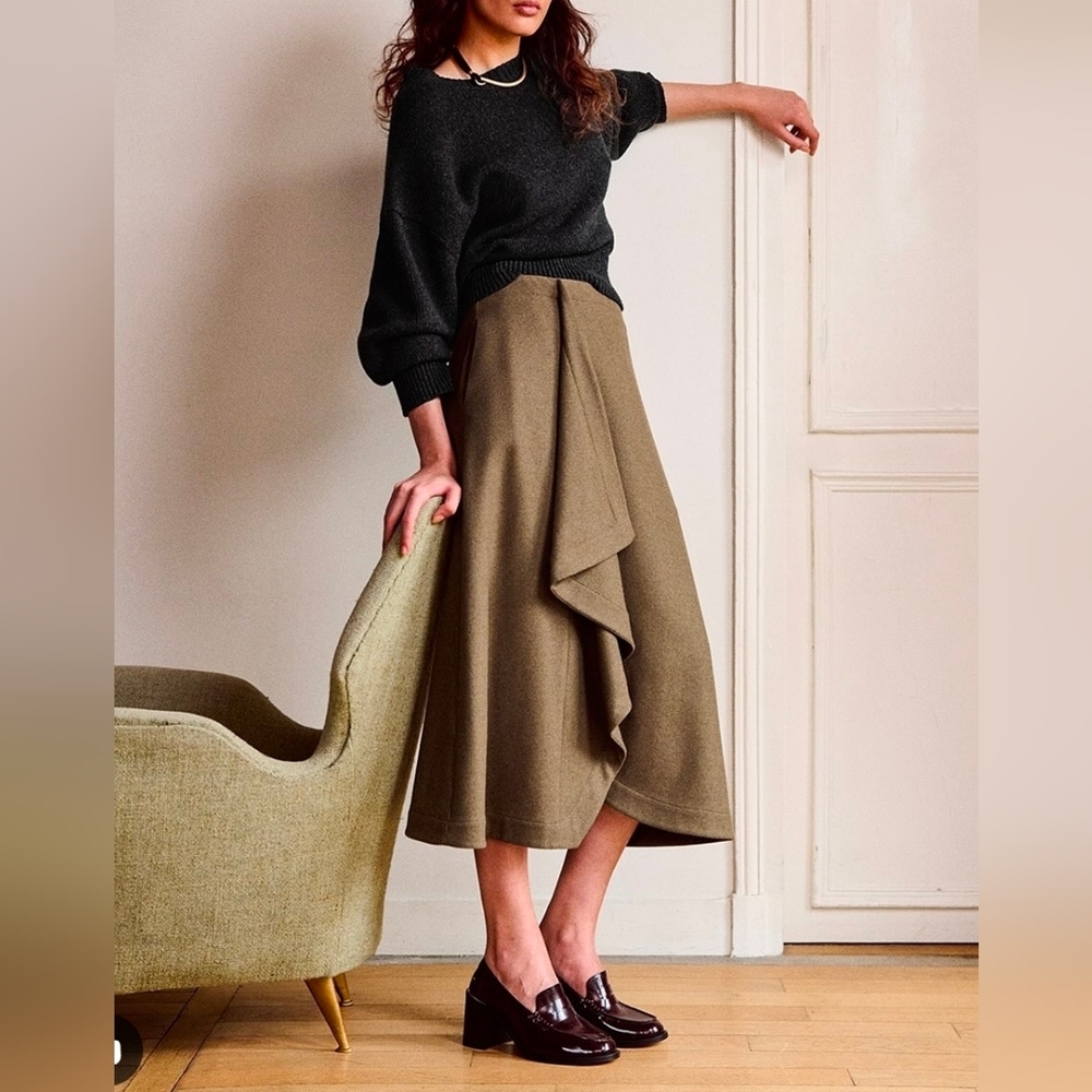 Vanessa Bruno Wool Blend Florida Maxi Skirt in Khaki Size 6 NWT $475